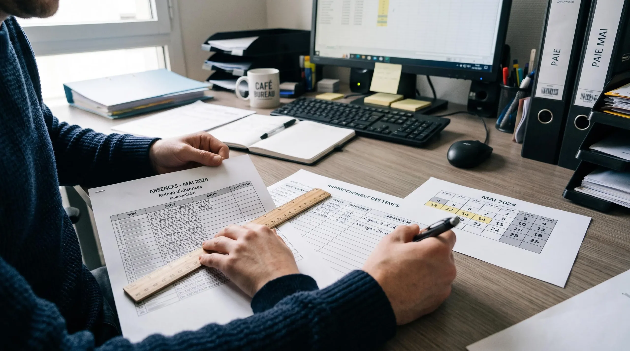 Gestionnaire RH vérifiant un relevé d'absence et une fiche de contrôle de paie.