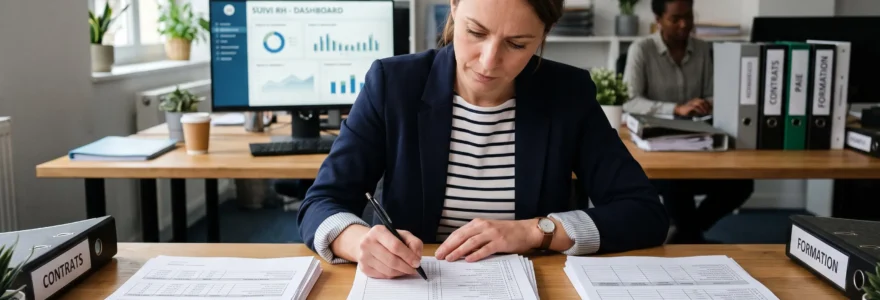 Espace de travail RH présentant trois catégories de dossiers, paie, gestion des temps et talents, dans un contexte multisites.